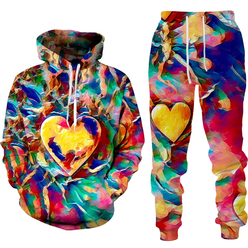 Women 2 Piece Sets Spring Autumn New Love Graffiti 3D Printed Hooded Pullover+Long Pants Oversized Hoodies Female Clothing