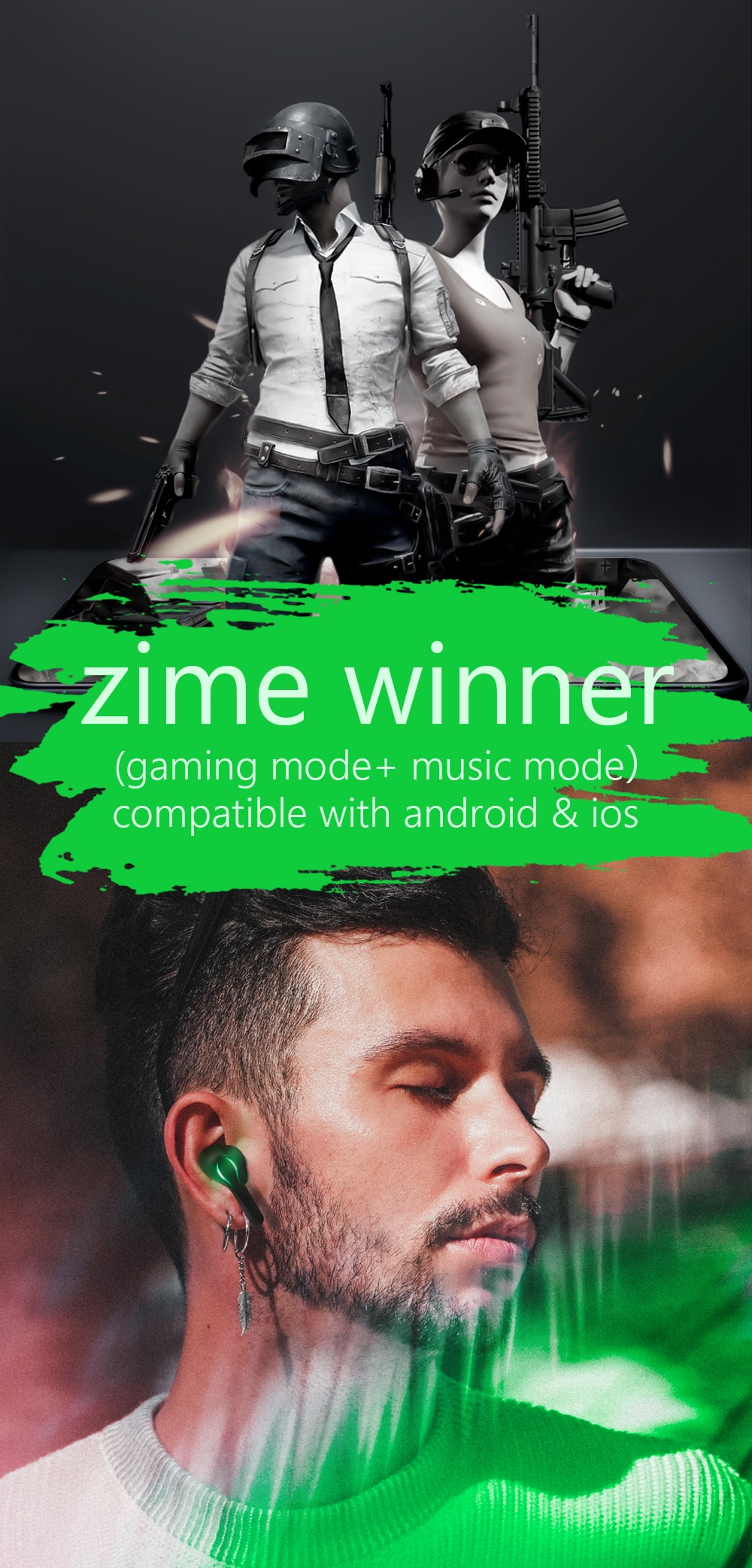 Zime Winner Gaming Earbuds 65ms Low Latency TWS Bluetooth Earphone with Mic Bass Audio Sound Positioning PUBG Wireless Headset - Images 1
