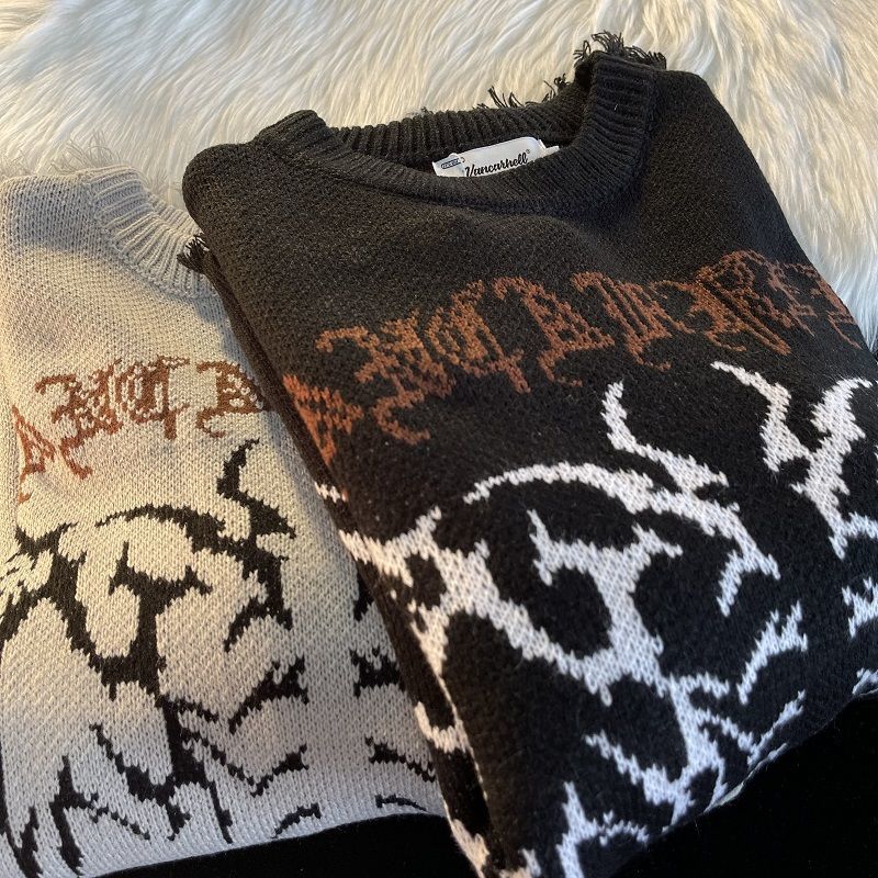 고딕 편지 풀오버 힙합 Streetwear 박쥐 해골 인쇄 새로운 니트 스웨터 Menautumn 하라주쿠 코튼 스웨터 여성 2022 - imaget 2