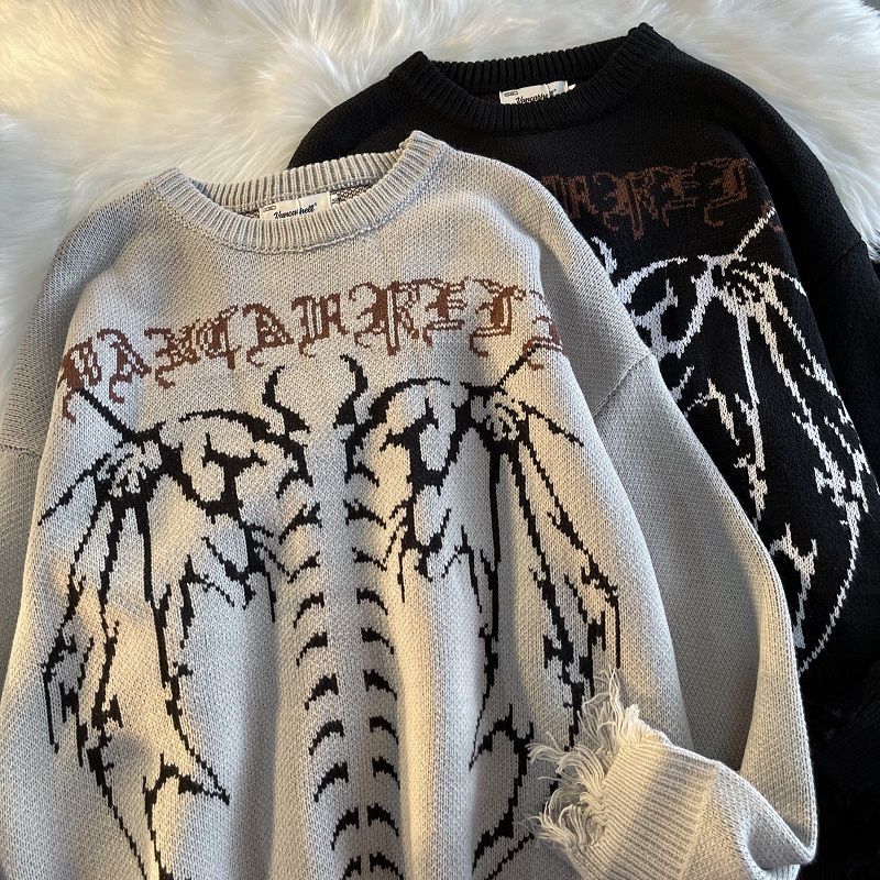 고딕 편지 풀오버 힙합 Streetwear 박쥐 해골 인쇄 새로운 니트 스웨터 Menautumn 하라주쿠 코튼 스웨터 여성 2022 - imaget 4