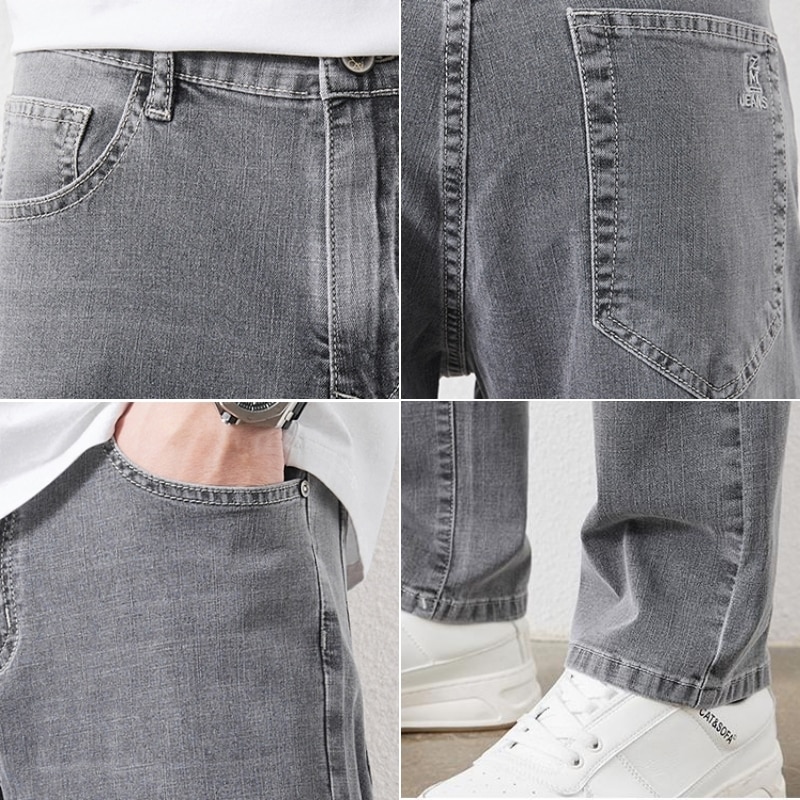 남성 스트레치 슬림 루즈 스트레이트 청바지 28-48 플러스 사이즈 봄 새로운 얇은 바지 패션 브랜드 품질 모든 경기 캐주얼 바지