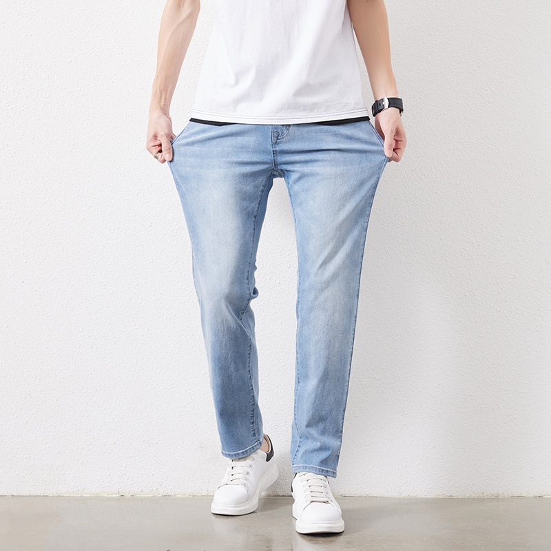 남성 스트레치 슬림 루즈 스트레이트 청바지 28-48 플러스 사이즈 봄 새로운 얇은 바지 패션 브랜드 품질 모든 경기 캐주얼 바지