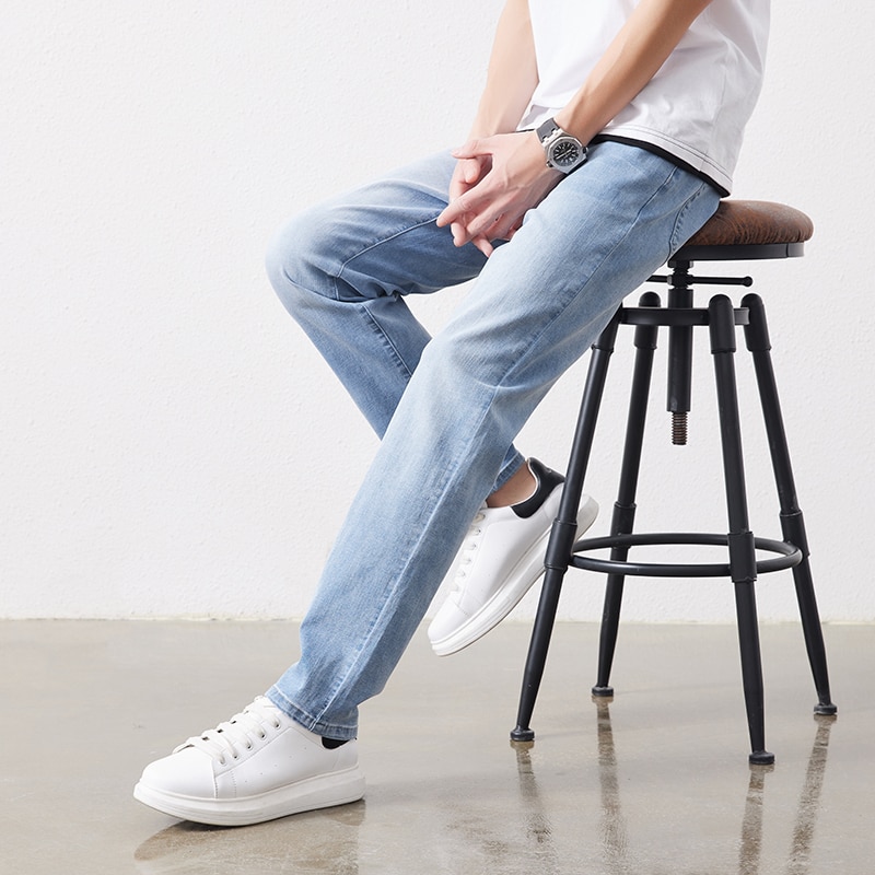 남성 스트레치 슬림 루즈 스트레이트 청바지 28-48 플러스 사이즈 봄 새로운 얇은 바지 패션 브랜드 품질 모든 경기 캐주얼 바지
