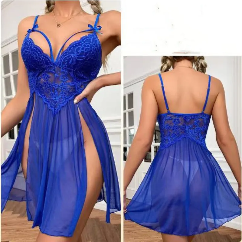 슬링 란제리 세트 여성의 섹시한 레이스 메쉬 패치 워크 서스펜더 롱 스커트 T 백 Nightdress Perspective Deep V Nightwear Thong