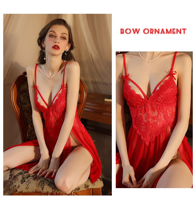 슬링 란제리 세트 여성의 섹시한 레이스 메쉬 패치 워크 서스펜더 롱 스커트 T 백 Nightdress Perspective Deep V Nightwear Thong - imaget 15