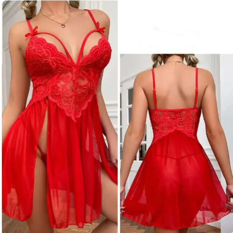 슬링 란제리 세트 여성의 섹시한 레이스 메쉬 패치 워크 서스펜더 롱 스커트 T 백 Nightdress Perspective Deep V Nightwear Thong